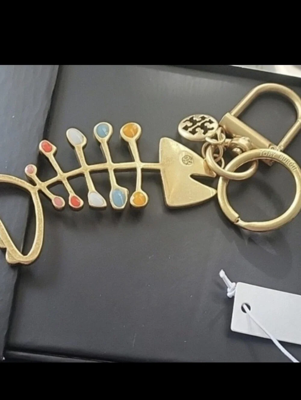 Tory Burch Gold Tone Multicolor Enamel Fishbone Keychain